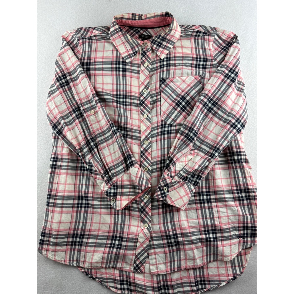 Talbots Woman Petites 1XP Pink Navy Plaid Button Down Roll Tab Cotton Shirt